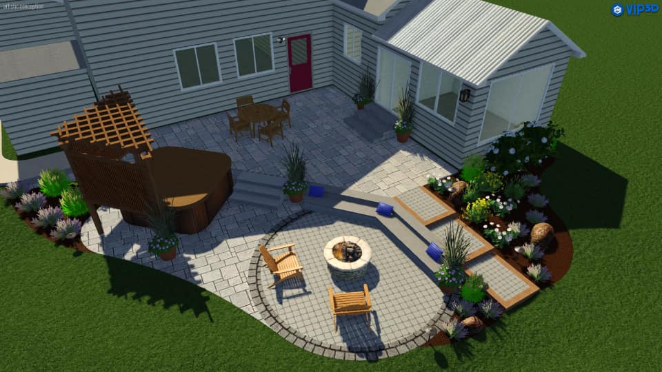 Artistic rendering of patio patio, hot tube and fireplace design