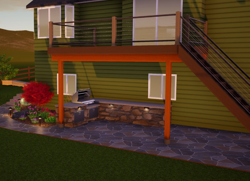 Artistic rendering of custom patio with barbeque.