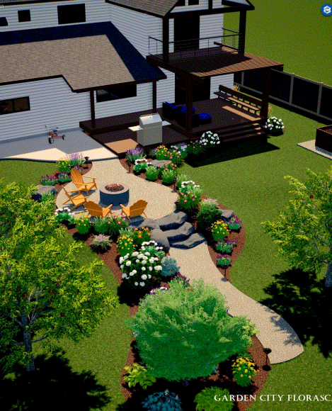 Artistic rendering of backyard walkway and fireplace design.